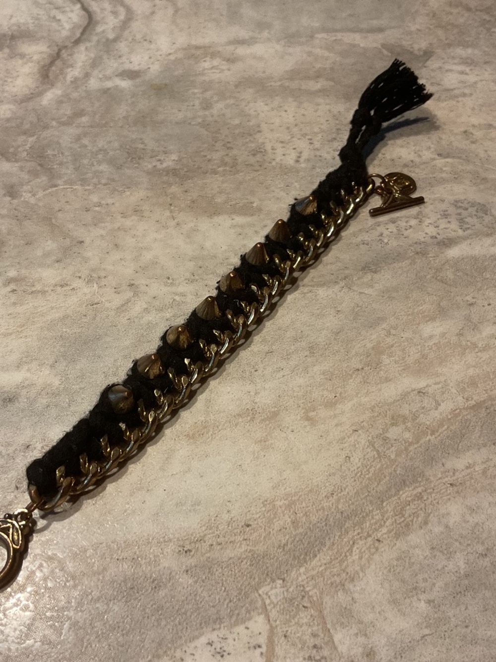 Black Braided Cotton Goldtone Chain & Stud Bracelet with Toggle Closure